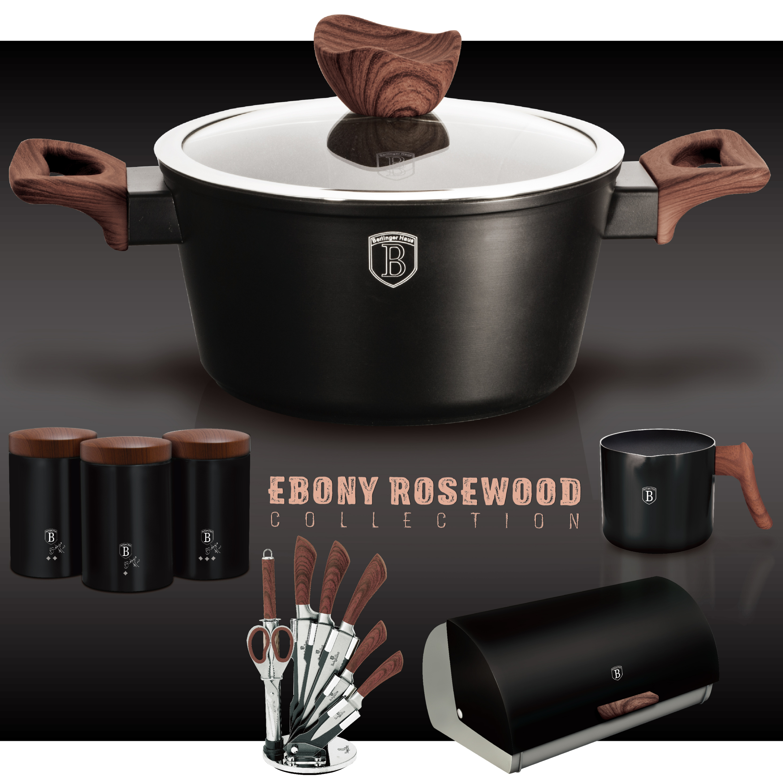 BerlingerHaus Ebony Rosewood Collection termék család oldal a főbb konyhai termékekkel