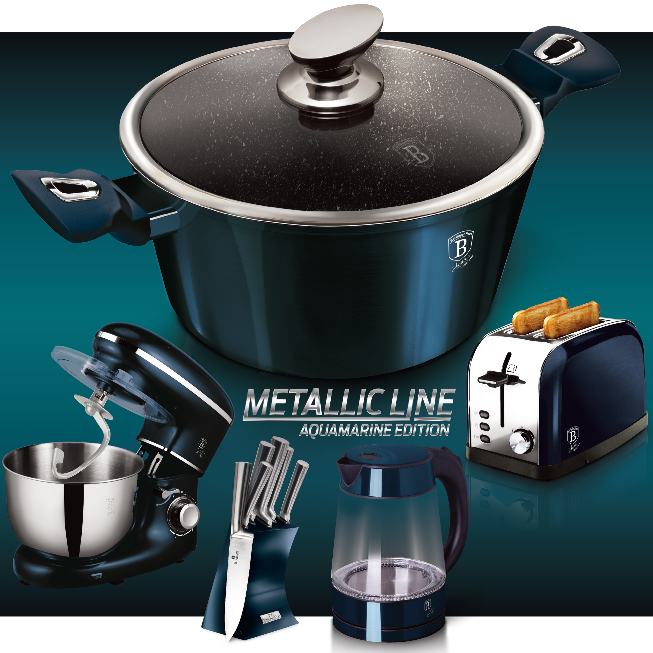 BerlingerHaus Metallic Line Aquamarine Edition termék család oldal a főbb konyhai termékekkel