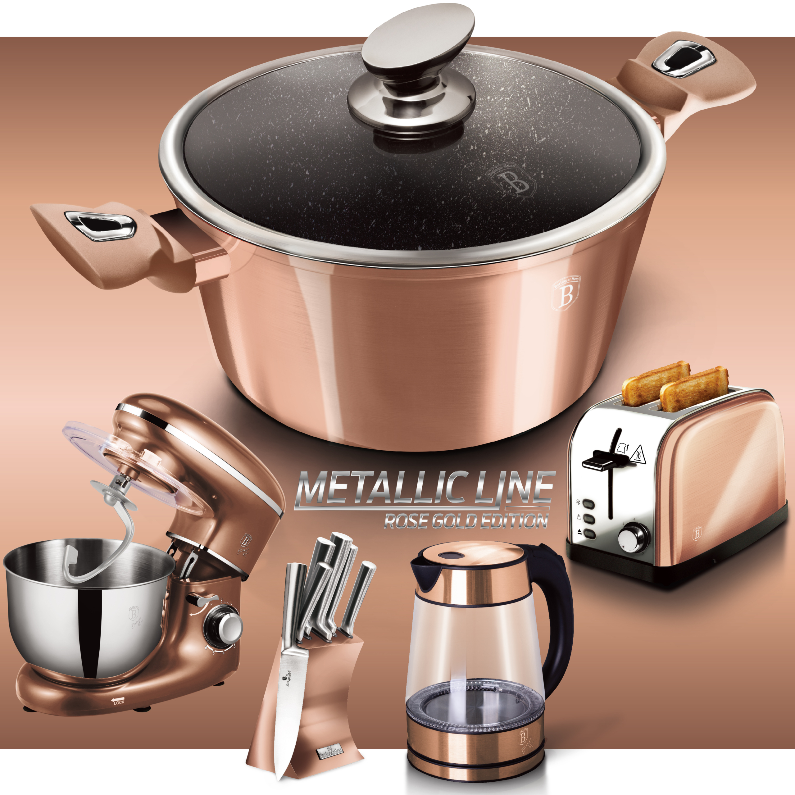 BerlingerHaus Metallic Line Rose Gold Edition termék család oldal a főbb konyhai termékekkel